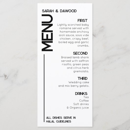 Elegante minimalistische moslim wit zwart bruiloft menu (Voorkant)