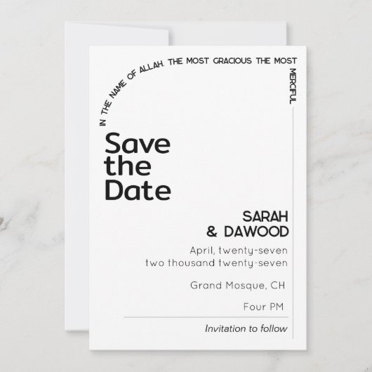 Elegante minimalistische moslim wit zwart bruiloft save the date (Voorkant)