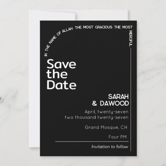 Elegante minimalistische moslim zwart wit bruiloft save the date (Voorkant)