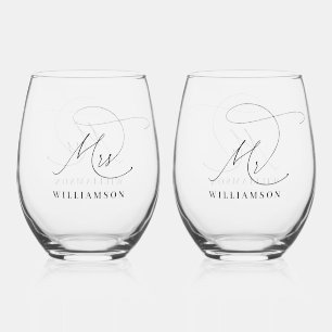 Elegante Minimalistische Mr en Mrs Trouwdag Wijnglas Zonder Voet