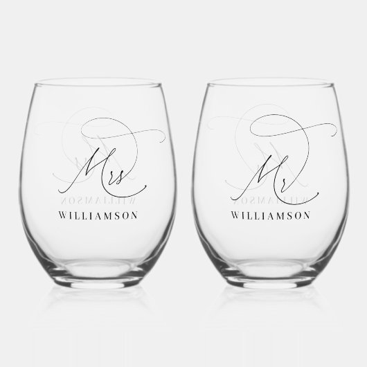 Elegante minimalistische Mr en Mrs Wedding Wijnglas Zonder Voet (Achterkant)