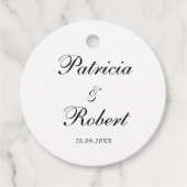Elegante Minimalistische Namen Datum Zwarte Script Bedankjes Labels (Voorkant)