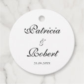 Elegante Minimalistische Namen Datum Zwarte Script Bedankjes Labels (Voorkant)