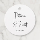 Elegante Minimalistische Namen Datum Zwarte Script Bedankjes Labels (Voorkant)
