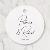Elegante Minimalistische Namen Datum Zwarte Script Bedankjes Labels (Voorkant)
