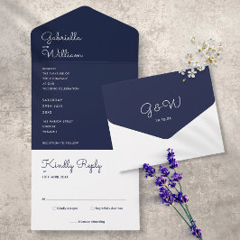Elegante Minimalistische Navy Blauwe Monogram Trou All In One Uitnodiging