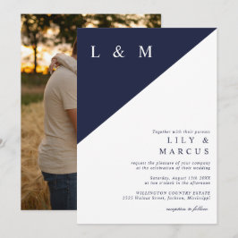 Elegante Minimalistische Navy Blauwe Witte Trouwfo Kaart