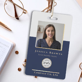 Elegante minimalistische Navy Gold Foto Logo QR-co Badge