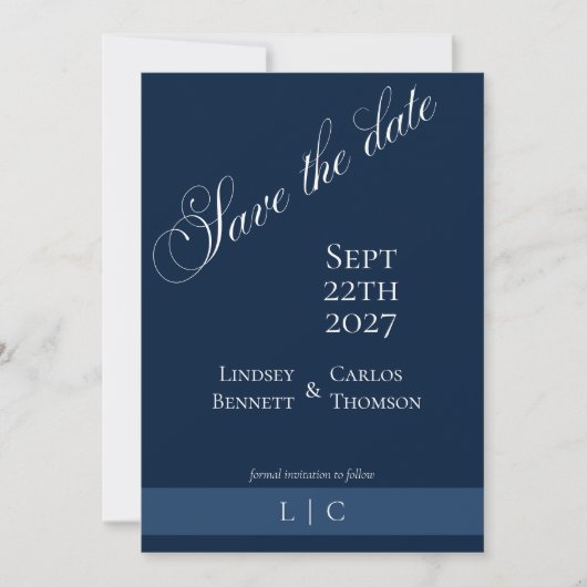Elegante Minimalistische Navyblauw Save The Date (Voorkant)