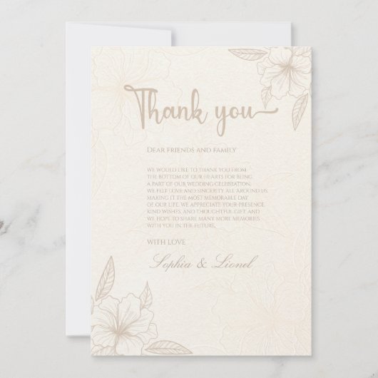 Elegante minimalistische off witte bloemenbruiloft bedankkaart (Voorkant)