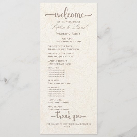 Elegante minimalistische off witte bloemenbruiloft programmakaart (Voorkant)