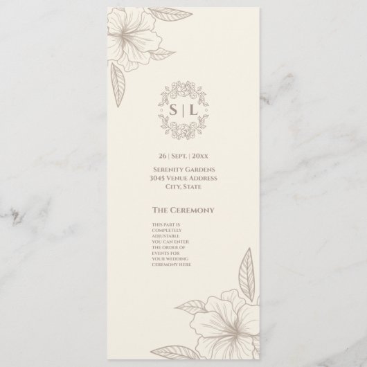 Elegante minimalistische off witte bloemenbruiloft programmakaart (Achterkant)