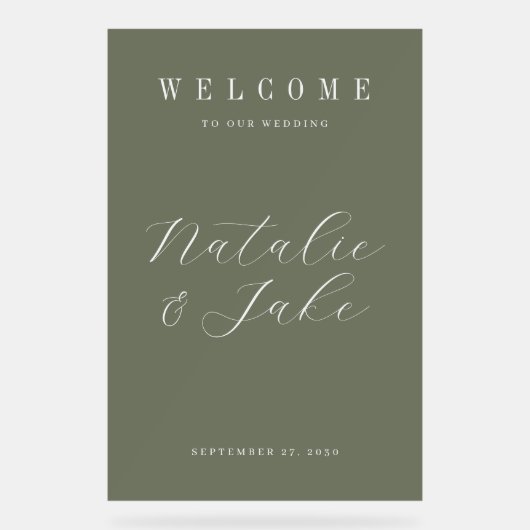 Elegante minimalistische olijfgroene bruiloft welk acryl bord (Voorkant)