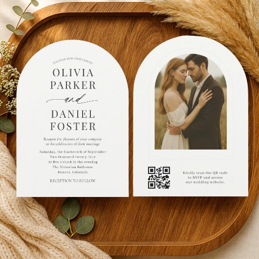 Elegante Minimalistische QR-code Foto Bruiloft Kaart