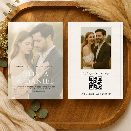 Elegante Minimalistische QR-code Foto Bruiloft Kaart