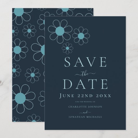 Elegante Minimalistische Retro Madeliefjes Blauwe Save The Date (Voorkant / Achterkant)