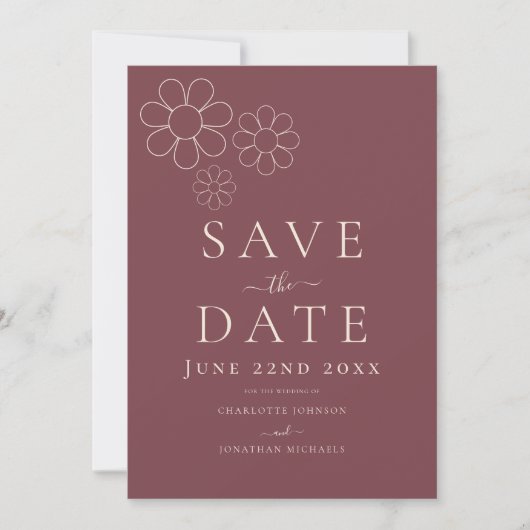 Elegante Minimalistische Retro Margriet Burgundy T Save The Date (Voorkant)