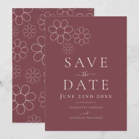 Elegante Minimalistische Retro Margriet Burgundy T Save The Date (Voorkant / Achterkant)