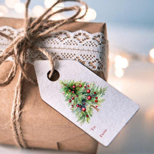 Elegante minimalistische rode groene dennenboom Ke Cadeaulabel