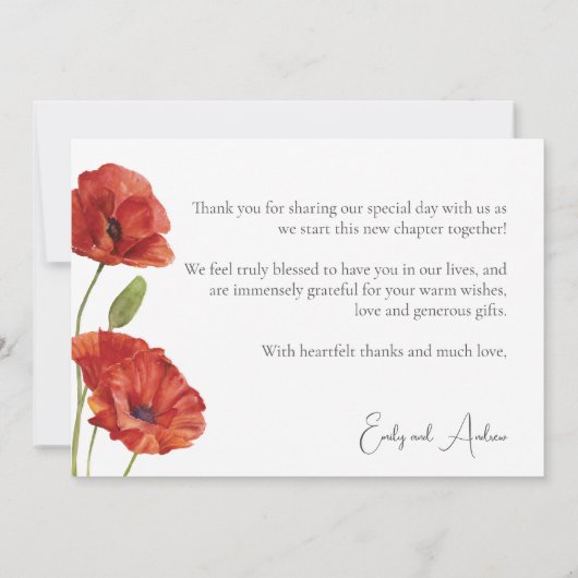 Elegante minimalistische rode klaproos bloemen bru bedankkaart (Achterkant)