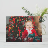 Elegante minimalistische rode script foto feestdagenkaart (Staand voorkant)