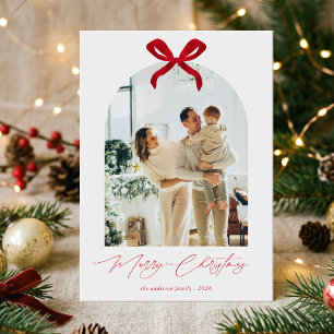 Elegante Minimalistische Rode Strik Foto Kerstmis Feestdagenkaart