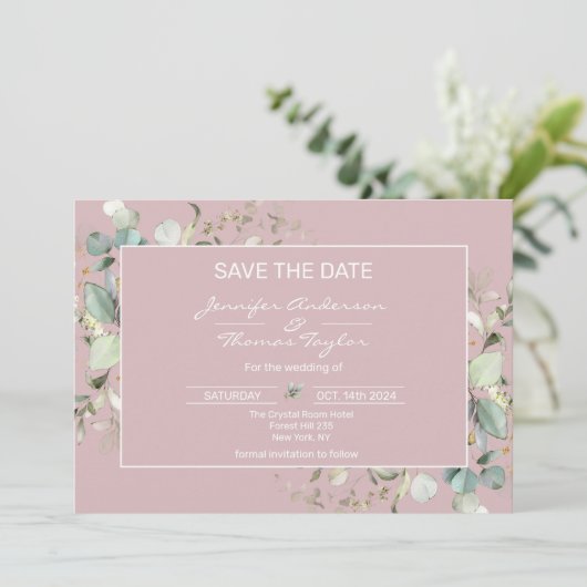 Elegante Minimalistische Roze Platte Save The Date (Staand voorkant)