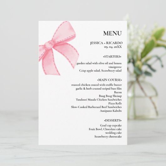 Elegante minimalistische roze strik bruiloft tafel menu (Staand voorkant)