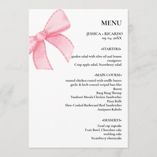 Elegante minimalistische roze strik bruiloft tafel menu (Voorkant)