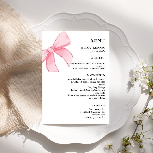 Elegante minimalistische roze strik bruiloft tafel menu
