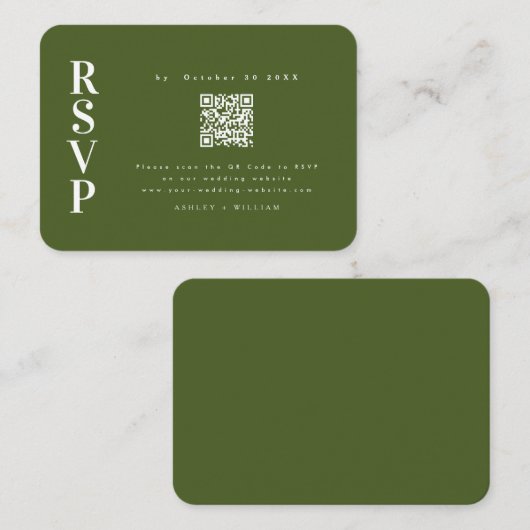 Elegante minimalistische RSVP Moss Green QR Code B Informatiekaartje (Voorkant / Achterkant)