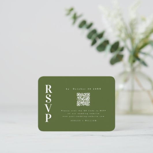 Elegante minimalistische RSVP Moss Green QR Code B Informatiekaartje (Staand voorkant)