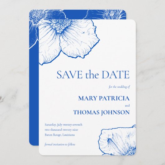 Elegante minimalistische saffierbloem, QR-code 🌸 Save The Date (Voorkant / Achterkant)