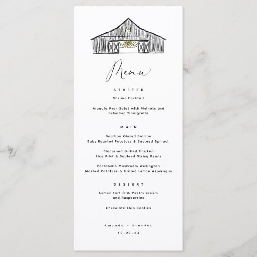 Elegante minimalistische schuur bruiloft menu (Voorkant)