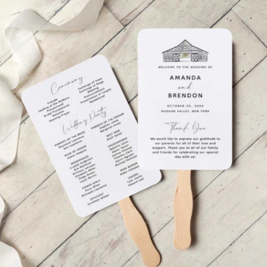 Elegante minimalistische schuur bruiloft programma handwaaier