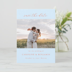 Elegante Minimalistische Script Blauwe Oranje Foto Save The Date