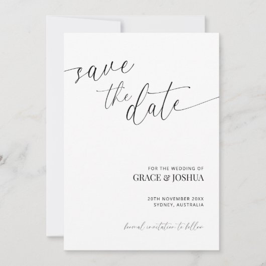 Elegante minimalistische script en paar foto bruil save the date (Voorkant)