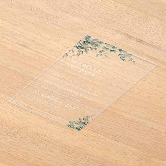 Elegante minimalistische script groen bruiloft acryl uitnodigingen (Laagn)