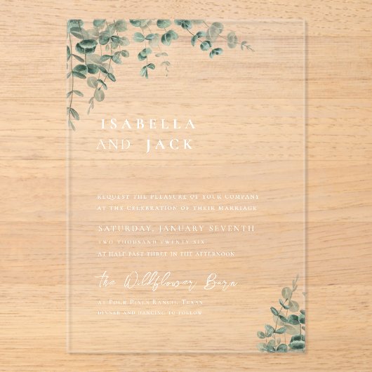 Elegante minimalistische script groen bruiloft acryl uitnodigingen (Voorkant)