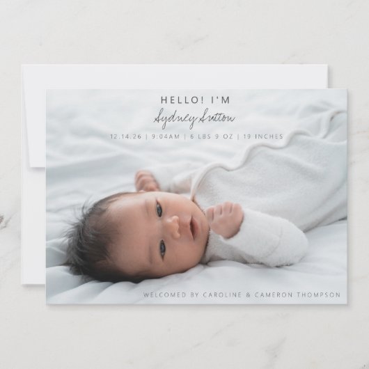 Elegante Minimalistische Script Hello Baby 2 Foto Aankondiging (Voorkant)