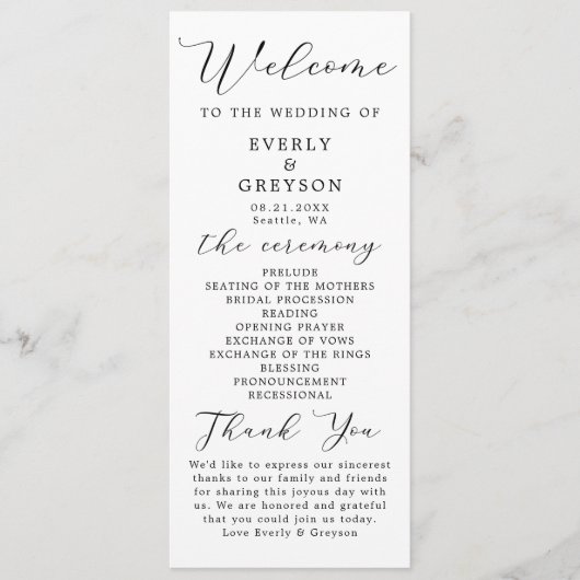 Elegante minimalistische script huwelijksceremonie programmakaart (Voorkant)