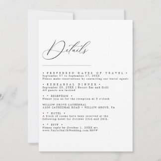Elegante minimalistische script huwelijksdetails k kaart