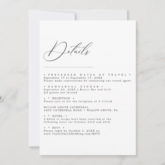 Elegante minimalistische script trouwdetails kaart (Voorkant)