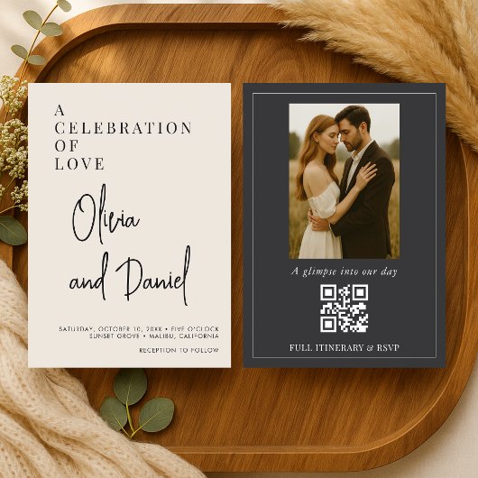 Elegante Minimalistische Scriptie Foto QR Code Tro Kaart