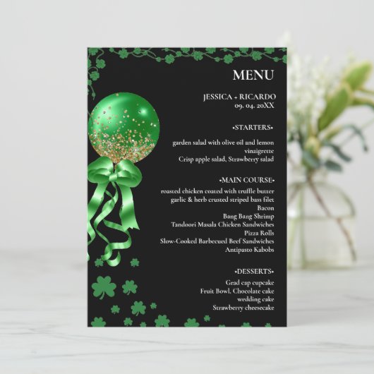 Elegante minimalistische St patrick's dag Trouwtaf Menu (Staand voorkant)
