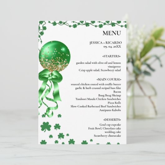 Elegante minimalistische St. Patrick's Day bruilof Menu (Staand voorkant)