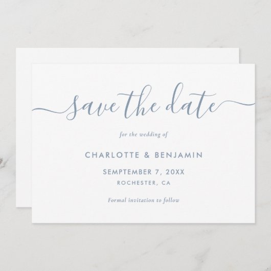 Elegante Minimalistische Stofblauwe Save The Date (Voorkant / Achterkant)