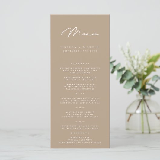 Elegante minimalistische Taupe bruiloft menu (Staand voorkant)