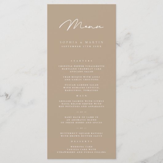 Elegante minimalistische Taupe bruiloft menu (Voorkant)