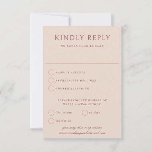 Elegante minimalistische  terracotta bruiloft RSVP kaartje (Voorkant)